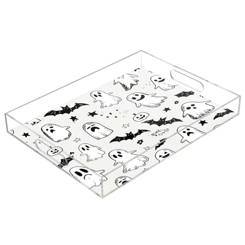 BOESI Graffiti Cute Ghosts and Bats Acrylic Decorative Dining Tray, Acrylic Decorative Tray Organizer with Handle for Kitchen, Dining Room, Bathroom, Dresser