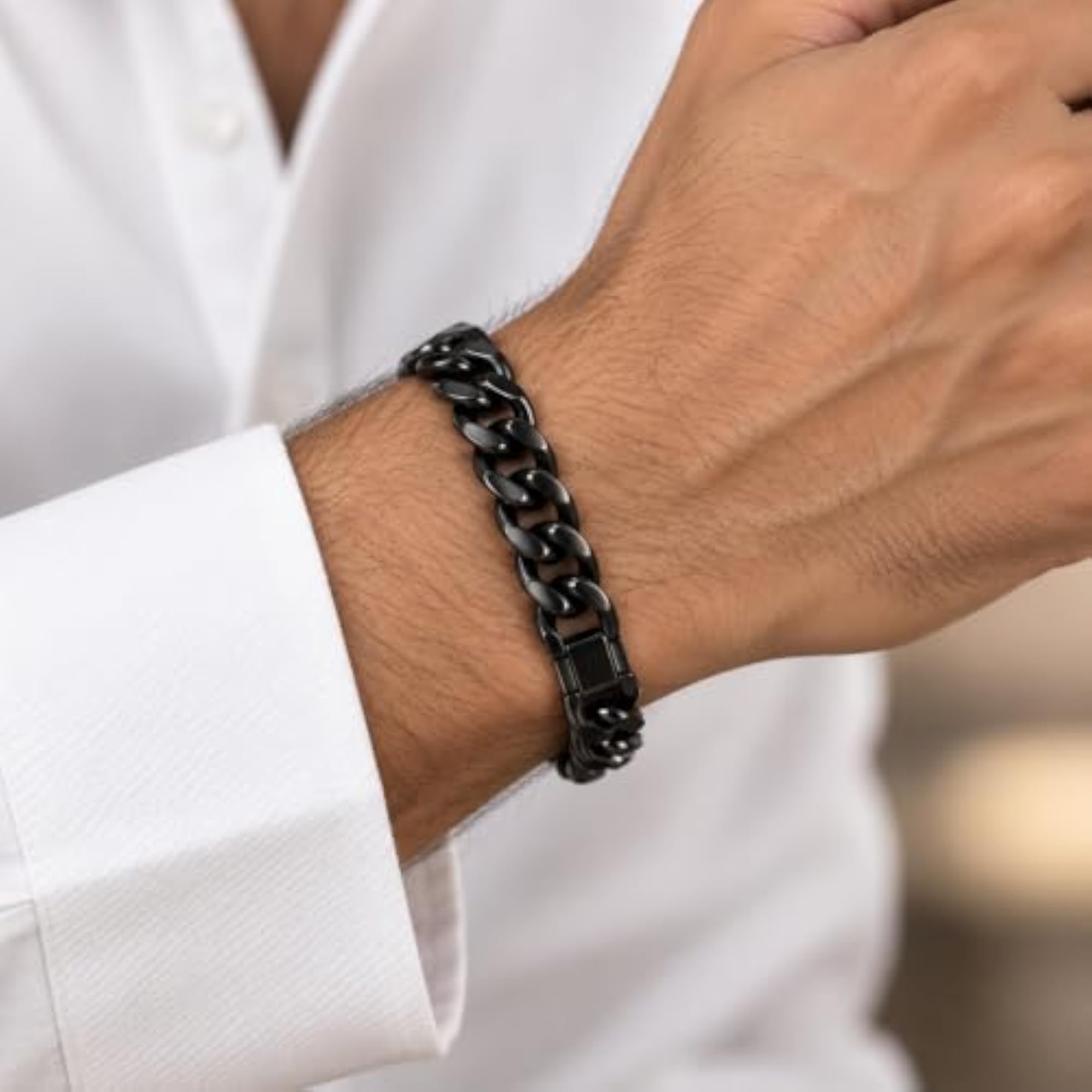 Black Cuban Bracelet for Men, Waterproof & Anti-Tarnish