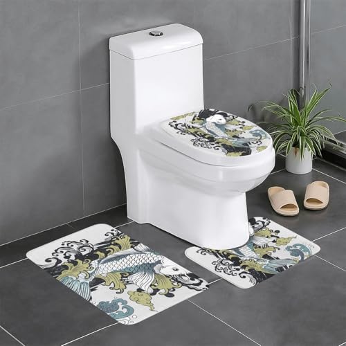 和風 錦鯉 鯉 波 雲 水墨柄 トイレマット 3点セット フタカバー 浴室足ふきマット 吸水 速乾 滑り止め 抗菌 防臭 洗える ふわふわ プレゼント 40x60cm