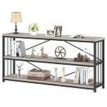 IBF Low Long Horizontal Bookshelf, Industrial Modern 3 Tier Etagere Bookcase, Large Wide Open Rustic Metal and Wood Grey Book Shelf for Bedroom Living Room Home Office Storage, Light Grey Oak, 63 Inch