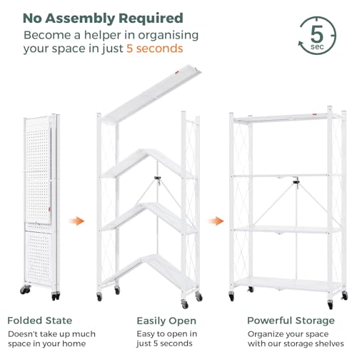 Image of DEANIC 4 Tier Foldable Storage Shelves with Wheels, Large Capacity Shelving Unit, Freestanding Metal Wire Shelf Rack, No Assembly Organizer Rack for Garage Kitchen, Basement, Pantry(White)