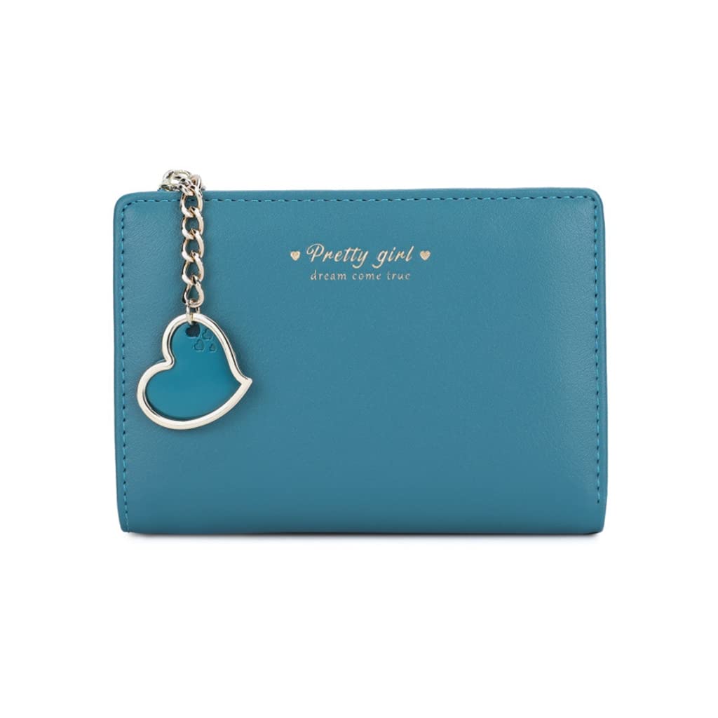 Small Wallet with Heart Pendant Bifold Wallet Zipper Pocket Cash Card Holder Coin Purse for Women Girls (BLUE)