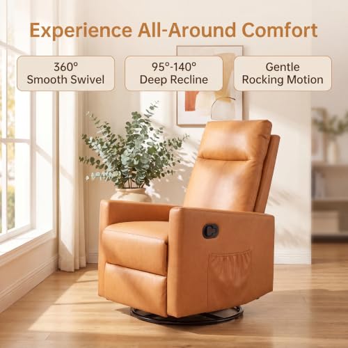 Image of 360 Swivel Rocking Recliner Chair, Manual Lazy Boy Reclining Couch with Adjustable Backrest & Footrest, Oversized Recliner Sofa for Nursery, Living Room, Bedroom, Home Theater Seating, Brown