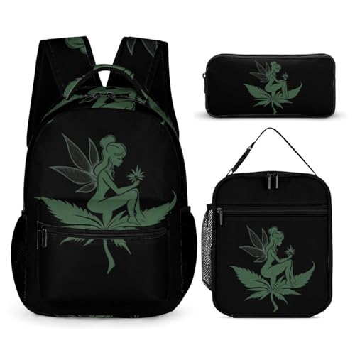 Weeds Fairy 3 PCS Backpack Set Casual Daypack with Insulated Lunch Bag & Pencil Case