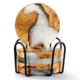 Drink Coaster Set, Wooden Absorbent Coasters, Epoxy Resin Coaster for Coffee Table, Tabletop Protection Decor, Set of 5 with Holder