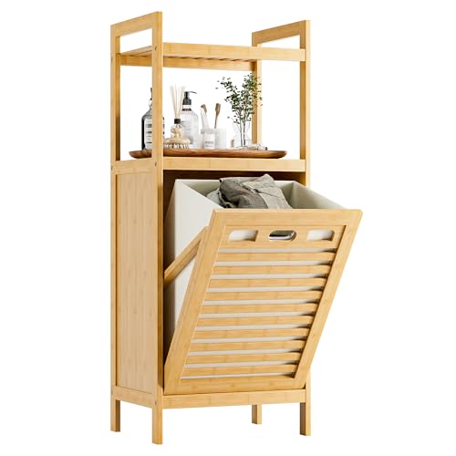 HITNET ‌Badschrank mit Wäschekorb, Wäscheschrank, Bambus Badezimmerschrank mit Wäschesammler und 2 Offene Regale, 40L Herausnehmbare Innentaschen für Waschküche, Badezimmer und Schlafzimmer, Natur