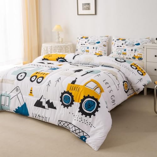 Tabeskly Kids Boy Car Digger Tractor Engineering vehicle Soft Zipper Bed Bedding Duvet Cover Set Single White 135×200cm - Image 2