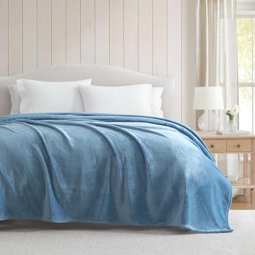 Image of Martha Stewart - King Size Blanket, Ultra-Soft Plush Fleece Throw Blanket with Double-Needle Stitching, 350 GSM, Medium Weight Bedding for Bed or Couch (Bedford Solid Blue)