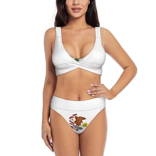 KLJnmbb Conjunto de bikini de dos piezas con estampado de bandera del estado de Illinois para verano, para mujer, para playa, piscina, vacaciones, suave, de secado rápido, Negro, S