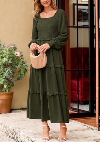 PRETTYGARDEN Fall Dresses for Women 2025 Long Sleeve Smocked Square Neck Swiss Dot Tiered Flowy Wedding Guest Maxi Dress