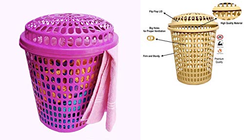 Image of 2 Laundry Basket with Lid, Cap - Durable (Unbreakable) 50L with 6 Months Warranty (Cream, Pink)