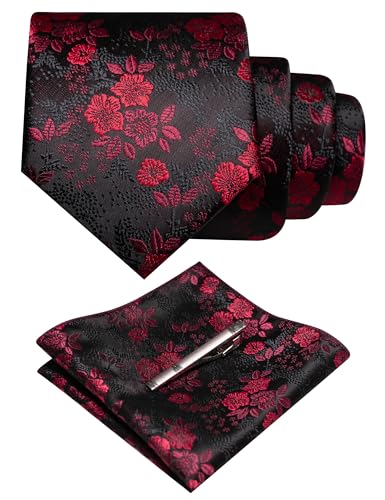 JEMYGINS Silk Red Floral Tie Necktie and Pocket Square Hankerchief and Tie Bar Clip Sets for Men(64)