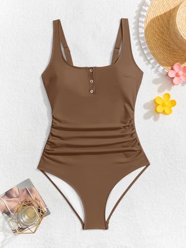 Image of B2prity One Piece Swimsuit for Women Tummy Control Ruched Slimming Bathing Suit Button Full Coverage Swimwear