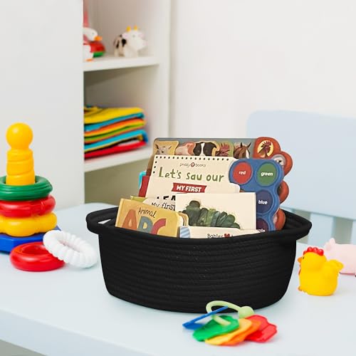 Image of Small Woven Gift Basket, Baskets for Gifts Empty, Cotton Rope Cat Dog Toy Bin Box, Nursery Baby Organizer, Wicker Easter Basket with Handle, Shelf Storage Bin for Decor, Black, 12 inchx 8 inchx 5 inch
