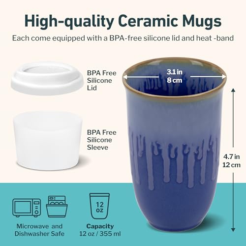 Image of NOVA CERAMICS Ceramic Tumbler- Blue Ceramic Mug - Microwave & Dishwasher Safe Coffee White & Orange Tumbler - Leak-Proof Coffee Travel Mug - 12oz - Neptune
