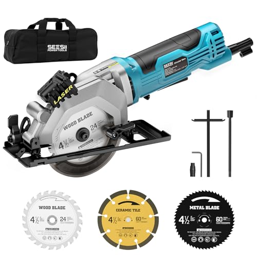 Seesii Mini Circular Saw with Laser Guide,4.8A 4000 RPM Compact Corded Circular Saw with Rip Guide,3 Blades (4-1/2') for Wood,Soft Metal,Tile,Plastic Cutting,Max Cut Depth 1-11/16'(90°),1-1/8' (45°)