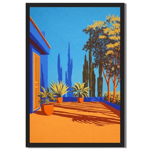 Framed Mediterranean Courtyard Poster Canvas Wall Art with Potted Plants