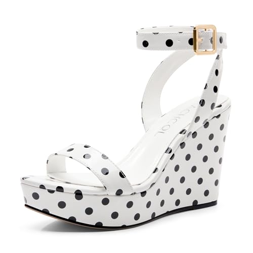 Image of Aachcol Women Platform Wedge Sandals Round Peep Open Toe Ankle Strap Slingback Two-Piece Chunky Block High Heel Dress Shoes Pumps Party Patent 4 Inch