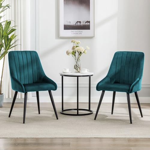 Image of Finch Fox Morris Velvet Dining Chair for Living Room, Bedroom, Home Office with Black Metal Legs in Teal Blue Color (Set of 6)