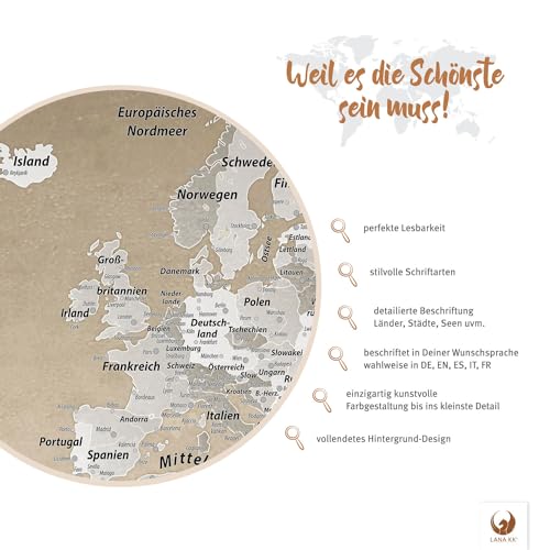LANA KK Stilvolle Pinnwand Weltkarte - Natur - Deutsch in 120 x 80 cm, stabile Rückwand zum Pinnen inkl. Starterkit - Leinwand-Kunstdruck Wandbild Landkarte XXL