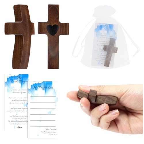 Creinkim Walnut Fingertip Small Wooden Cross Fidget Set, with Bible Prayer Cards and Organza Bags, Mini Cross Fidget Wood for Pocket Prayers(1pc)
