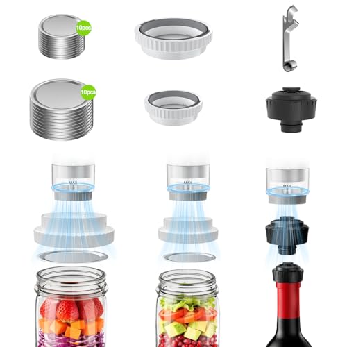Mason Jar Vacuum Sealer Kit with 2 Sealers, 20 Reusable Lids (Wide & Regular Mouth), Wine Vacuum Stopper & Opener, Food Storage System for Meal Prep, Pantry, Without Mason Jar