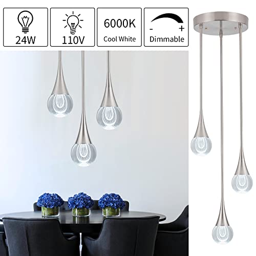 Royal Pearl 3-Light Led Pendant Light, Dimmable Crystal Pendant Lighting Ceiling Hanging Light Teardrop Pendant Light Fxiture For Kitchen Dining Room Bedroom 6000K Cool White Brushed Nickel #TOP2