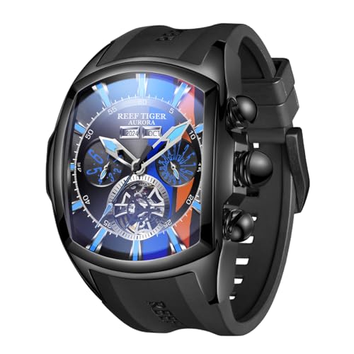 REEF TIGER Top-Marke Tank-Track, Sport-Gummi-Armbanduhr für Herren, Tourbillon, analog, kompletter Kalender, automatische Uhren RGA3069-Track (RGA3069TRACK-BLB)