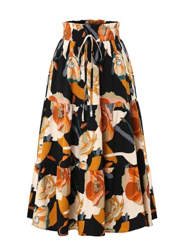 Adigaber Faldas de Mujer Cintura Elástica Faldas Vintage Estampado Floral Volantes A-Línea Faldas a la Pantorrilla con cinturón