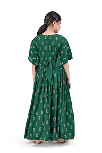 Image of Fashion Dream Girls Maxi Length Flared Foil Printed Dress (Dark Green 5-6 Year)