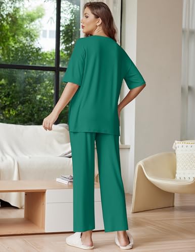 Image of Ekouaer Lounge Sets for Women Short Sleeve Tops and Long Pants Soft Comfy Pajamas Set 2 Piece Outfits