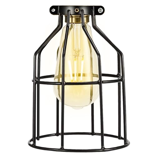 Simple Deluxe 1-Pack Adjustable Industrial Clamp on Metal Bulb Guard Cage for Pendant, Farmhouse Light Fixture, Vintage Lamp Shades and Hanging Lamp, Black
