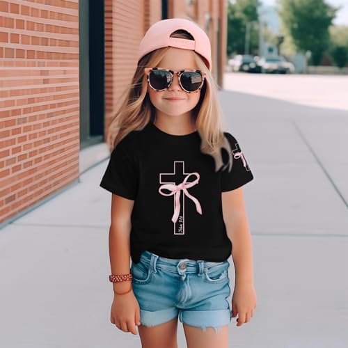 Image of Girls Cute Christian Shirts Kids Pink Bow Shirt Jesus God Faith Tshirts Aesthetic Cross Bible Verse Graphic Tee Tops