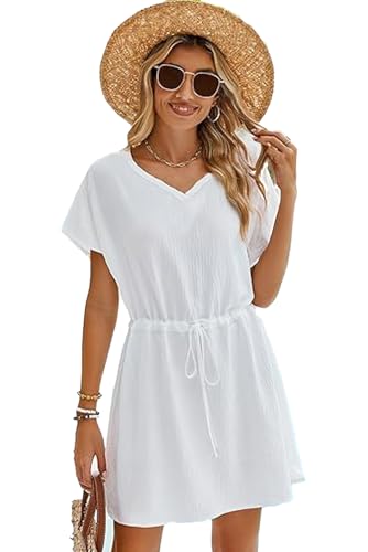 Vossmi Robe de Plage Femme Cache Maillot de Bain V-Cou Cover Up Bikini Maillot Manche Courte col en V Mousseline Casual Robes ete Plage avec Ceinture Décontracté Bikini,Blanc