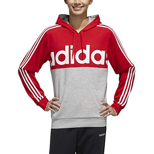 adidas Men's Essentials 3-Stripes Pullover Fleece Hooded Sweatshirt (Scarlet / Medium Grey Heather / White, Medium)