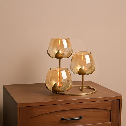 Image of MARKET 99 Metal + Glass 3 Votive Lotus T-Light Holder | Golden Decorative Candle Stand for Christmas, Diwali, Birthday & Wedding | Elegant Home Decor Tealight Holder for Festive Gifting