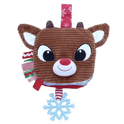Image of Plush Christmas Baby Book with Crinkle, Teether and Travel Strap, 6 Pages, 6 inches, Rudolph, The Red Nosed Reindeer, Brown