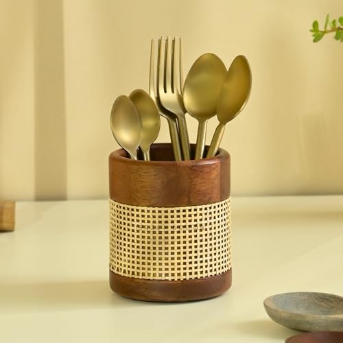 Image of Brick Brown Premium Wooden Tresso Cutlery Holder Spoon Stand for Kitchen,for Dining Table,Wooden Caddy Storage Organizer Stand with Removable Section Caddy Holder (4x4x4.5 inch) 10.2 x 10.2 x 11.9 cm
