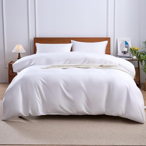 YIYEA 100% Viscose Derived from Bamboo Duvet Cover, 600 Thread Count Cooling Comforter Cover Set for Hot Sleepers, Silky Soft, Breathable, 3PC, King, White