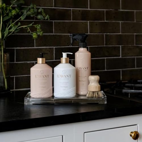 Image of L'AVANT Collective Luxury Home Essentials High Performing Dish Soap, Hand Soap, Multipurpose Cleaner Spray, Scrub Brush, Lucite Tray Luxurious Ingredients Reusable Bottles (Blushed Bergamot)