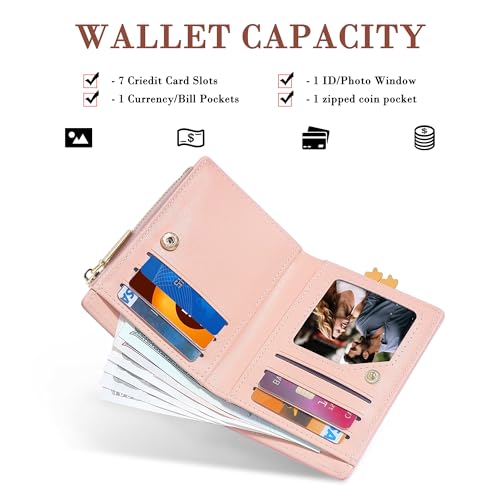 Image of CONISY Cute Wallets for Women, Leather Bifold Small Wallet with Zipper Coin Purse, RFID Blocking Wallet for Girls and Ladies, Duck Pink, Moden