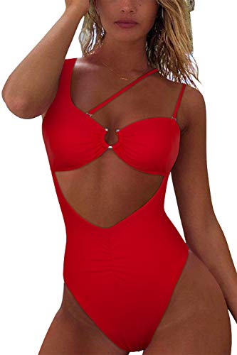 Qinsen Cutout One Piece Swimsuit With Ring Push Up High Waist Cheeky Monokini Bathing Suit Red L #TOP2