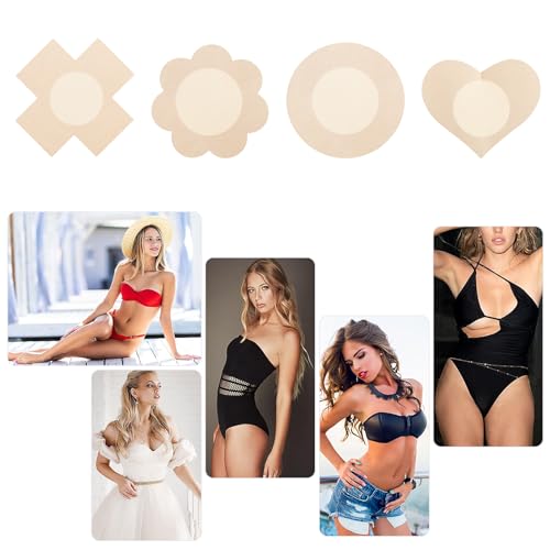 Sibba 4 Styles Nipple Cover Pasties, 80Pcs Disposable Breast Covers Nipple Covers, Self-Adhesive Bra Pad, No Show Satin Breast Petals Stickers for Women Girls Nude3