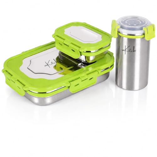 Image of Insulated Stainless Steel Lunch Box Combo Set 800ml with Airtight Leak-Proof Clip Lock Lid, Durable (Green Tiffin with Bottle)
