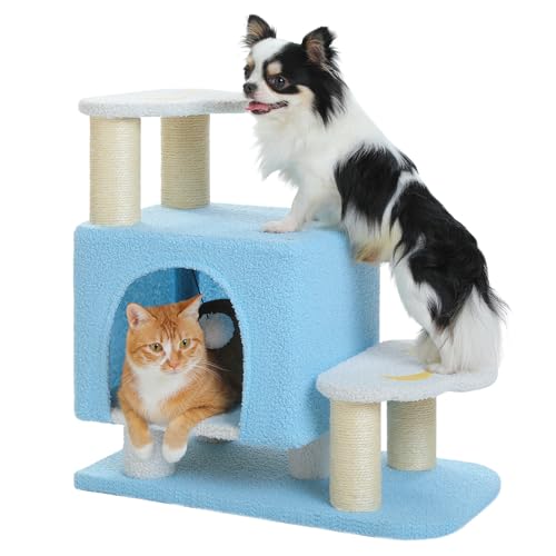 PAWZ Road キャットタワー ミニ 低い 犬 ペット 階段 猫 ステップ 猫 爪研ぎ きゃっとたわー おしゃれ スリム キャット 階段 踏み台 可愛 雲 猫 ベッド 人気 子猫 犬 シニア 老猫 据え置き 省スペース 組立簡単 安定 - 高さ55cm