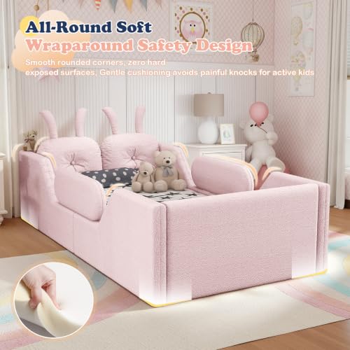 Image of Twin Bed Frame for Kids, Floor Platform Bed Rabbit, Pink