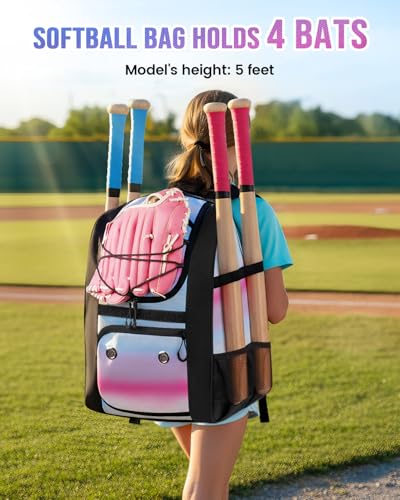 Image of MATEIN Softball Bag, Lightweight Baseball Backpack with Shoe Compartment, Baseball Bag with Fence Hook for TBall Bat & Equipment, Softball Gifts Catchers Backpack for Women Fit Catcher's Mitt, Helmet