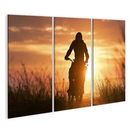 Tableau sur toile motard dynamique au lever du soleil pour salon en 3 pièces