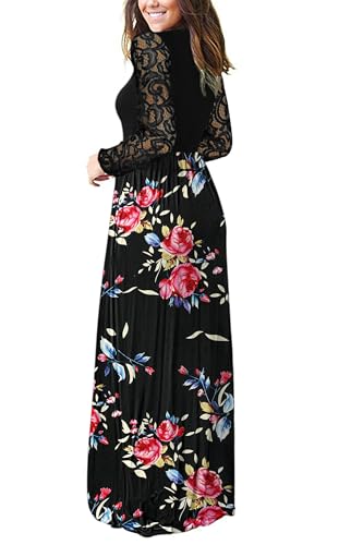 Image of AUSELILY Womens Long Sleeve Maxi Dress 2026 Fall Lace Long Sleeve Dress V Neck Wrap Waist Long Dresses with Pockets