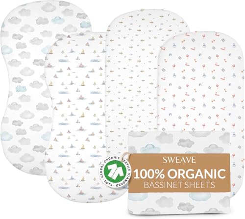 Image of 100% Organic Cotton Bassinet Sheets (4 Pack) – Ideal for Uppababy Bassinet Mattress – GOTS Certified – 360° Double Elastic Fitted Sheets – Percale Weave Sheets Soften with Each Wash (33"x15")